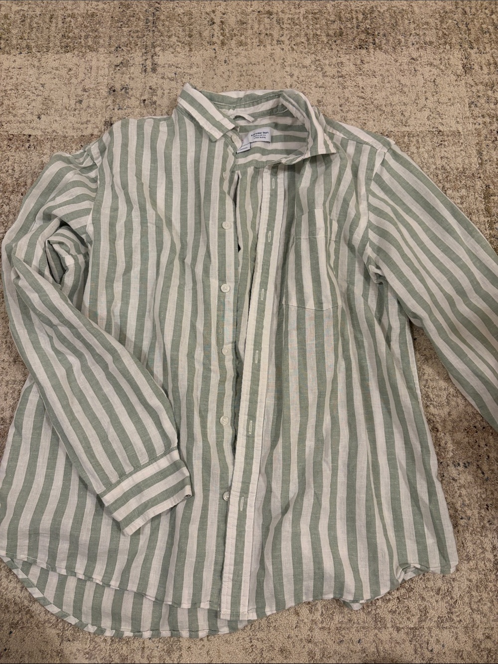 Men's Linen Green and White Striped Button-Up Shirt